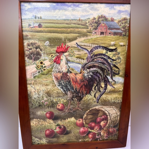 Country ROOSTER Print/Picture in Wooden Frame 12”X 17” Apples, Sunflowers, Barn - Picture 2 of 10